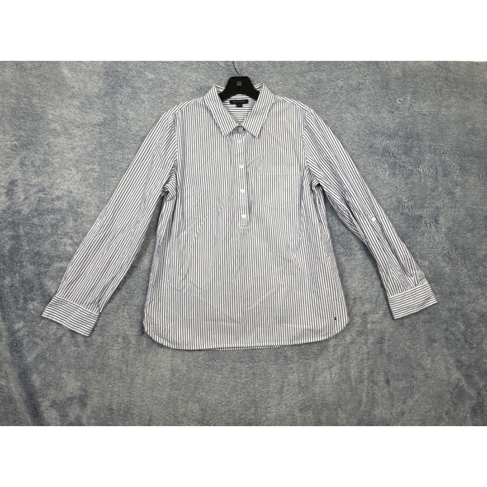 Tommy Hilfiger Womens Large Blue Striped Popover Shirt Long Sleeve Cotton Preppy